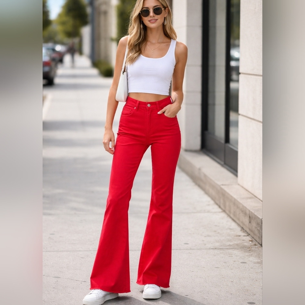 Rudy Blue Red High-Rise Stretch Flare Jeans Size 13/Raw Hem
